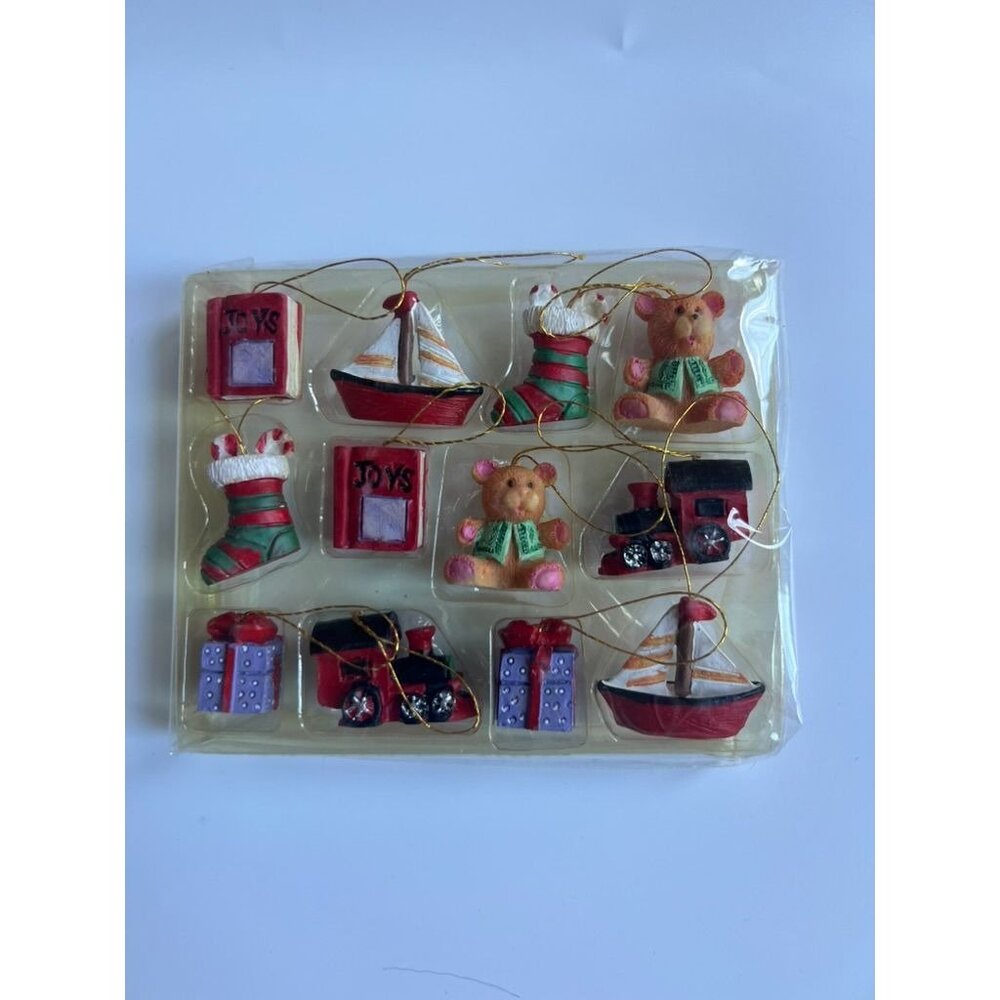 Vintage 1998 Giftco Mini Christmas Ornaments Set of 12 Toys Bear Train Boat